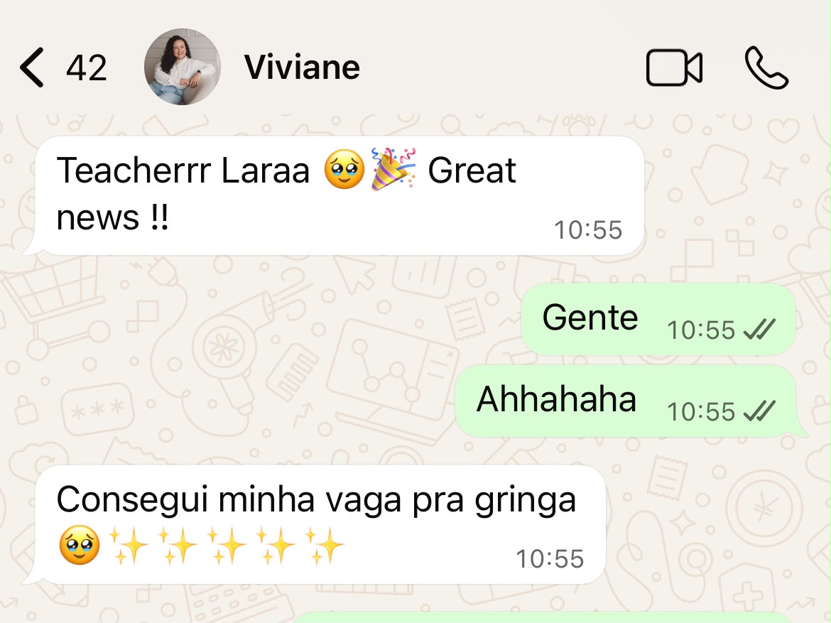 Print de conversa no WhatsApp: Viviane, engenheira de software, conta que conseguiu sua vaga em uma startup americana
